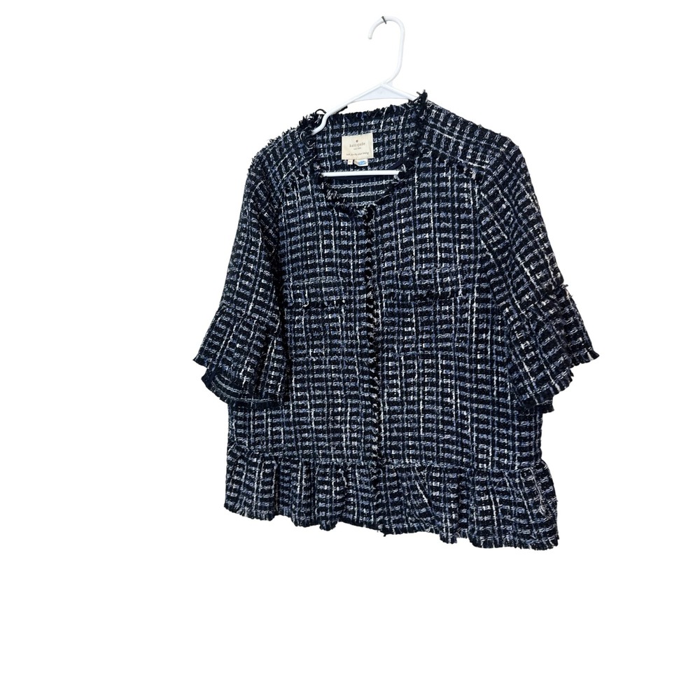 Kate Spade New York Jacket Womens XL Blue Tweed Short Sleeve Fringe Peplum Check